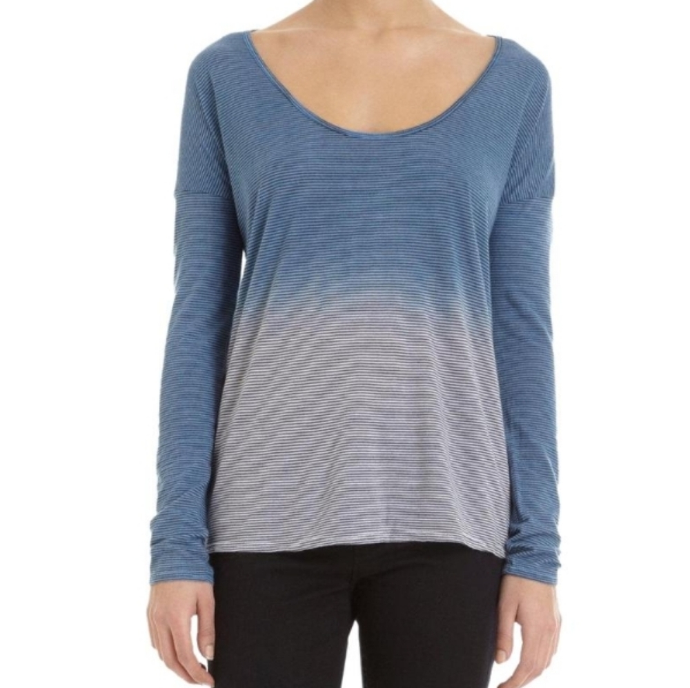 James Perse Blue Black White Ombre Striped V Neck Long Sleeve Tee Shirt Size 1/S